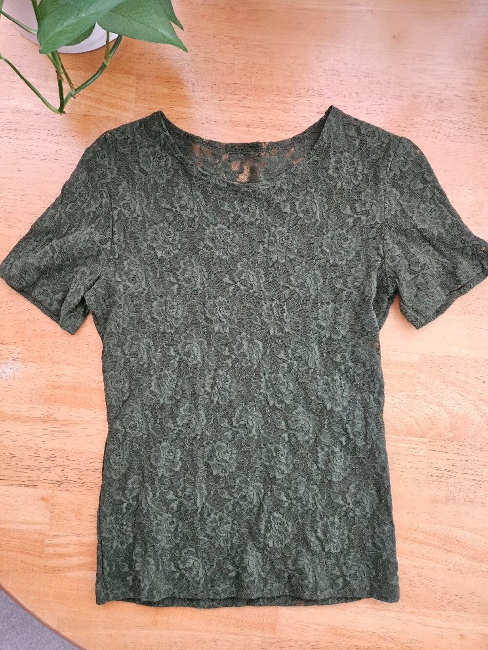 Anthropologie Hanky Panky Sheer Floral Lace Short Sleeve Top Olive Green